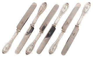 A RUSSIAN SET OF SIX SILVER AND STEEL KNIVES, GRACHEV BROTHERS, ST. PETERSBURG, 1908-1917