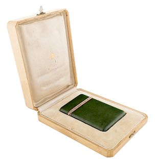 A FABERGE GOLD MOUNTED JEWELLED NEPHRITE CIGARETTE CASE, WORKMASTER MIKHAIL PERKHIN, ST. PETERSBURG, 1895-1896