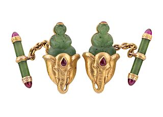 A PAIR OF GOLD-MOUNTED AND JEWELLED NEPHRITE CUFFLINKS, WORKMASTER ALFRED THIELEMANN, ST. PETERSBURG, 1898-1904