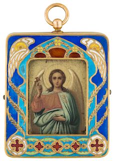 A FABERGE GOLD AND ENAMEL ICON PENDANT OF A GUARDIAN ANGEL, MARK OF KARL FABERGE WITH IMPERIAL WARRANT, MOSCOW, 1908-1917