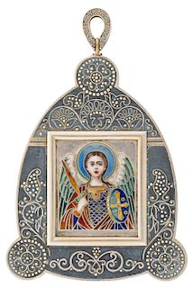 A FABERGE PARCEL GILT SILVER PENDANT ICON OF A GUARDIAN ANGEL, MOSCOW, 1909