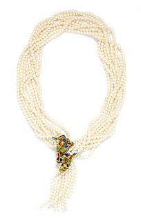 A Multi Strand Cultured Pearl Necklace with an 18 Karat Yellow Gold, Polychrome Enamel and Diamond Clasp, 104.00 dwts.