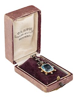 A RUSSIAN GOLD, DIAMONDS AND AQUAMARINE PENDANT, WORKMASTER FYODOR LORIE, NUMBER 6329, MOSCOW, 1889-1896