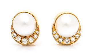 A Pair of 18 Karat Yellow Gold, Cultured Mabe Pearl and Diamond Earclips, Susan Berman, 9.30 dwts.