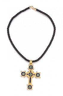 An 18 Karat Yellow Gold, Emerald, Ruby and Enamel Cross Pendant, Lalaounis, 25.70 dwts.