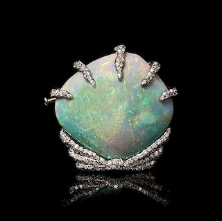 An 18 Karat White Gold, Opalized Clam Shell and Diamond Brooch, 14.90 dwts.