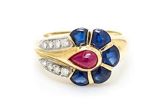 A Collection of 14 Karat Yellow Gold, Sapphire, Ruby and Diamond Rings, 7.20 dwts.
