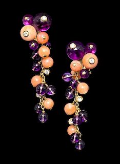 A Pair of 18 Karat Yellow Gold, Coral, Amethyst and Diamond Les Delices de Goa Earclips, Cartier, 14.60 dwts.