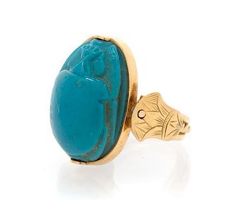 A Yellow Gold and Glass Scarab Ring, 5.30 dwts.