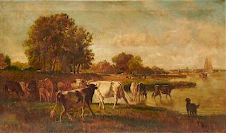 THOMAS HILL, (American, 1829-1908), Landscape with Cows, 1886, oil on canvas