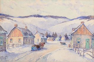 PAUL ARCHIBALD OCTAVE CARON, (Canadian, 1874-1941), Village in Snow, watercolor