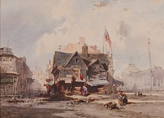 After EDUARD HILDEBRANDT, (German, 1819-1869), View of Boston's Old Feather Store, with Quincy Market at Right, watercolor