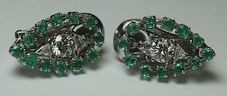 JEWELRY. Platinum, Diamond, and Emerald Earrings.