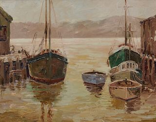 ANTHONY THIEME, (American, 1888-1954), Gloucester Harbor, oil on canvas board