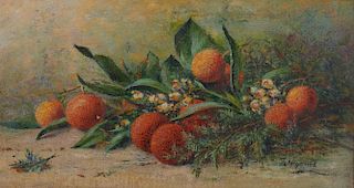 TOM HEYWOOD, (English, 1846-1919), Chrysanthemums and Oranges, oil on canvasboard