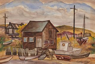 BLANCHE LAZZELL, (American, 1878-1956), Provincetown Boatyard, 1947, watercolor