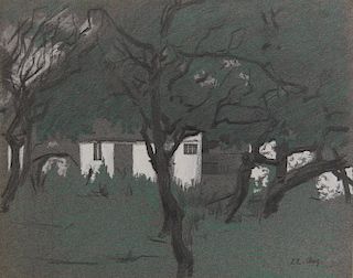 LYONEL FEININGER, (American/German, 1871-1956), Untitled (White House in the Forest), pencil and colored pencil heightened with white