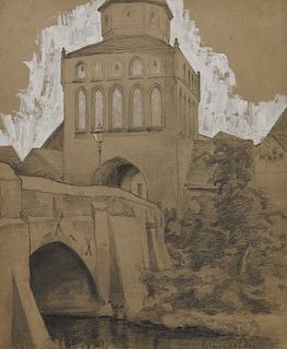 LYONEL FEININGER, (American/German, 1871-1956), Untitled (Ribnitz Town Gate), pencil heightened with white