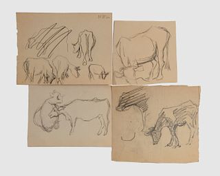 LYONEL FEININGER, (American/German, 1871-1956), Untitled (Four Studies of Cows), 1906, pencil