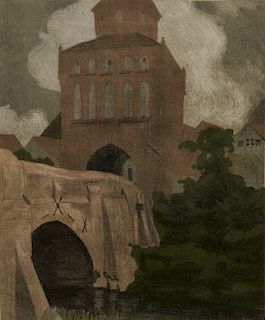 LYONEL FEININGER, (American/German, 1871-1956), The Gate, Ribnitz, 1906, color lithograph
