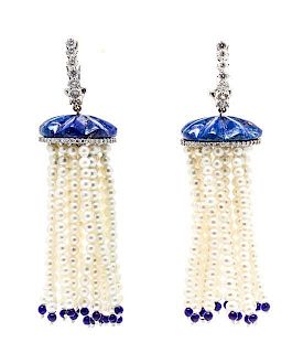 A Pair of 18 Karat White Gold, Lapis Lazuli, Diamond and Cultured Pearl Tassel Earrings, 25.20 dwts.