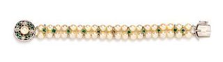 A White Gold, Diamond, Emerald and Cultured Pearl Bracelet, 14.50 dwts.