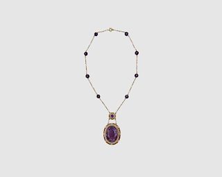 14K Gold, Amethyst, Enamel, and Seed Pearl Pendant Necklace