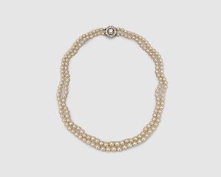 Double Strand Natural Pearl Necklace with Platinum and Diamond Clasp
