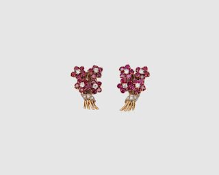14K Gold, Ruby, and Diamond Earclips