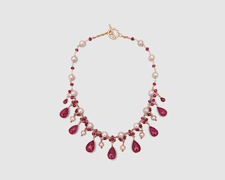 14K Gold, Ruby, and Pearl Necklace