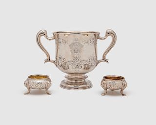 GEORGE SMITH III & WILLIAM FEARN Silver Two Handled Cup, London, 1797, together with a Pair of George III Silver Tripod Salts, unknown maker, Dublin, 