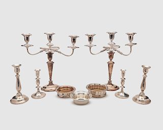 Assemblage of American and English Silver Wine Coasters and Weighted Candlesticks