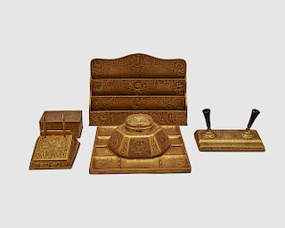 TIFFANY STUDIOS Five Piece Gilt Bronze Desk Set, Zodiac Pattern