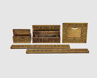 TIFFANY STUDIOS Five Piece Gilt Bronze and Glass Bead Inset Desk Set, Ninth Century Pattern
