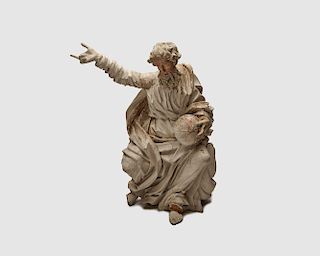 Continental Carved and Painted Wood Figure of Zeus, gesturing and holding a globe