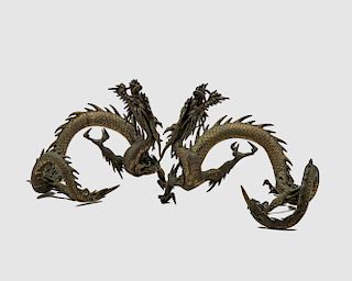 Pair of Japanese Meiji Bronze Figures of Coiled Dragons