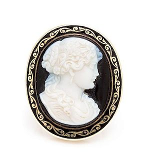 * A 14 Karat Yellow Gold, Hardstone and Enamel Cameo Ring, 11.30 dwts.