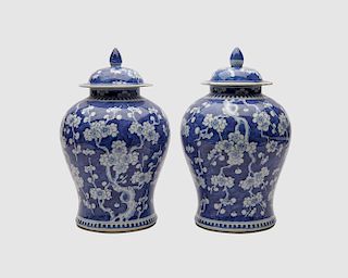 Pair of Chinese Blue and White Covered Ginger Jars