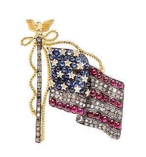 A Silver Topped Gold, Diamond, Sapphire and Ruby American Flag Brooch, 7.15 dwts.