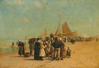 WILLIAM EDWARD NORTON, (American, 1843-1916), Fish Sale on the Beach, Schevinger, oil on prepared canvas panel