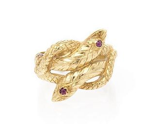 A 14 Karat Yellow Gold and Ruby Snake Ring, 6.70 dwts.