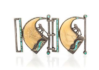 * A Victorian Silver, Turquoise and Tiger Claw Buckle, Circa 1880, 44.60 dwts.