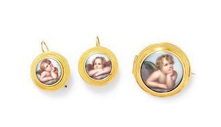 * An Antique Yellow Gold and Painted Miniature "Putti" Demi Parure, 8.90 dwts.