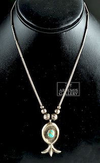 20th C. Southwestern Silver & Turquoise Squash Necklace