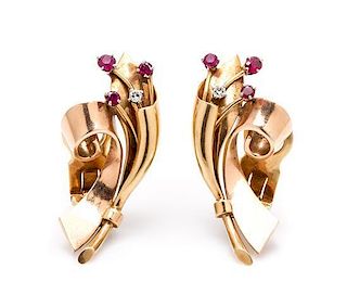 A Pair of Retro Rose and Yellow Gold, Ruby and Diamond Earclips, 10.85 dwts.