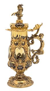 A Continental Gilt Bronze Mounted Molded Glass Ewer Height 15 1/2 inches.