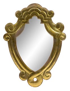 A Cartouche-Form Brass Mirror Height 35 x width 25 inches.