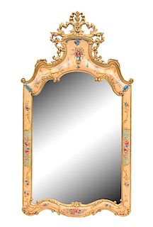 A Venetian Style Painted and Parcel Gilt Mirror Height 58 x width 31 inches.