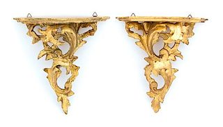 A Pair of Italian Rococo Style Giltwood Wall Brackets Height 8 1/2 inches.