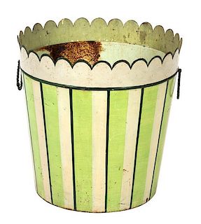 A Green and White Painted Tole Bucket Height 18 inches.